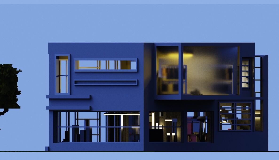 Front elevation of the voxel house at dusk