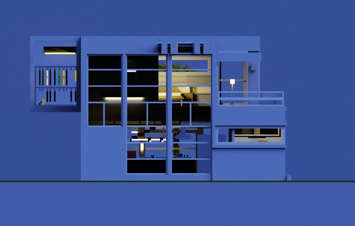 Glazed architectural elevation of the voxel house