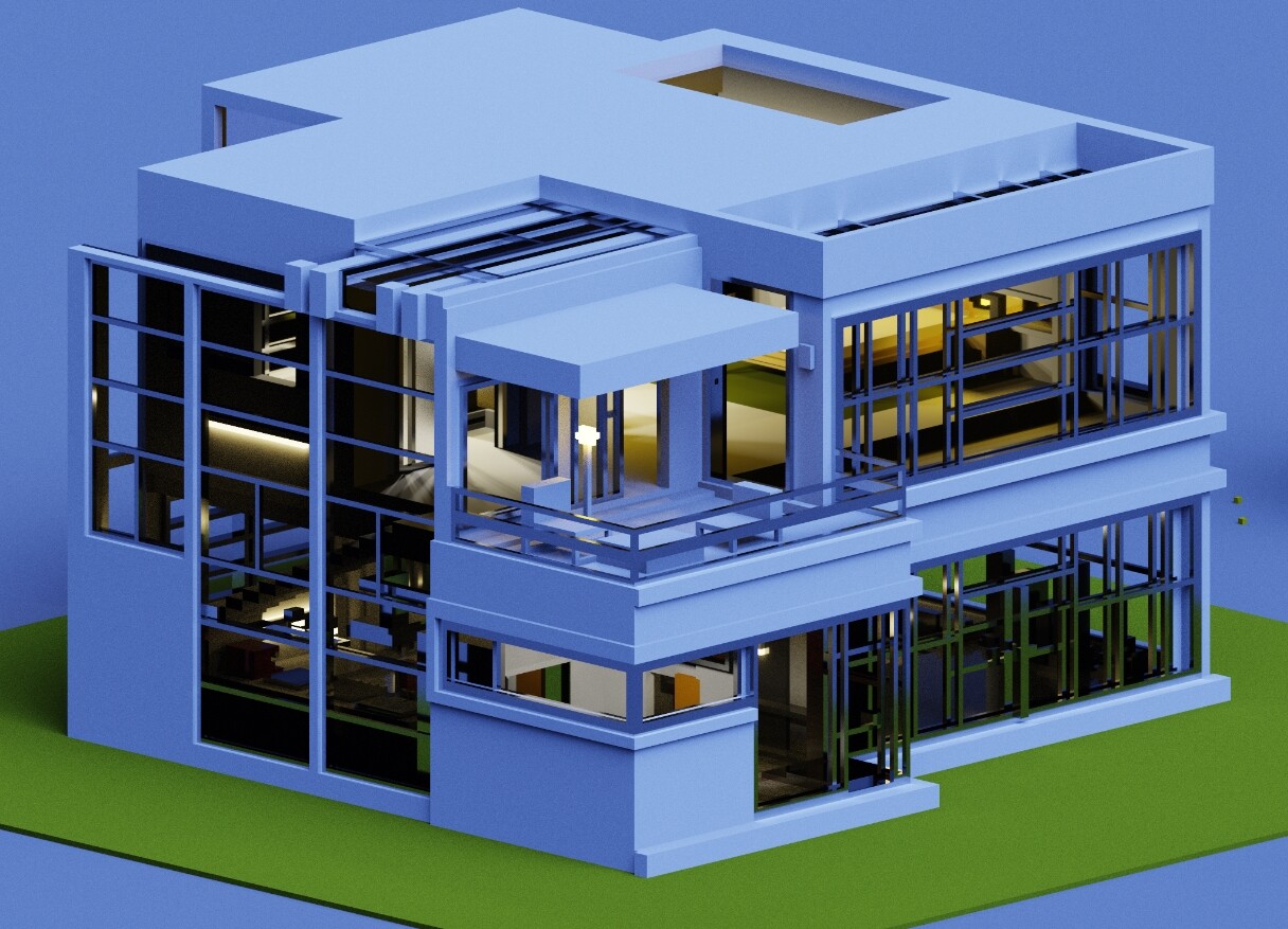 Three-quarter exterior view of the complete voxel house