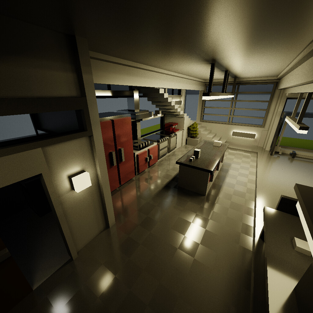 Voxel house kitchen and open-plan interior
