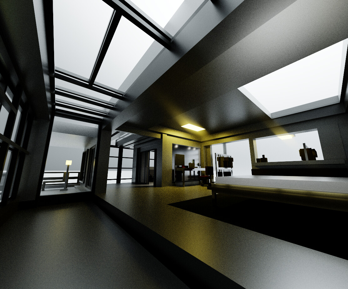 Voxel house living area with skylights
