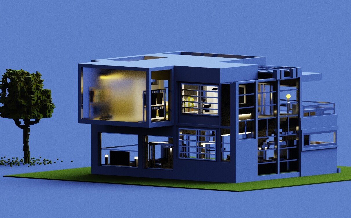 Rear three-quarter view of the voxel house